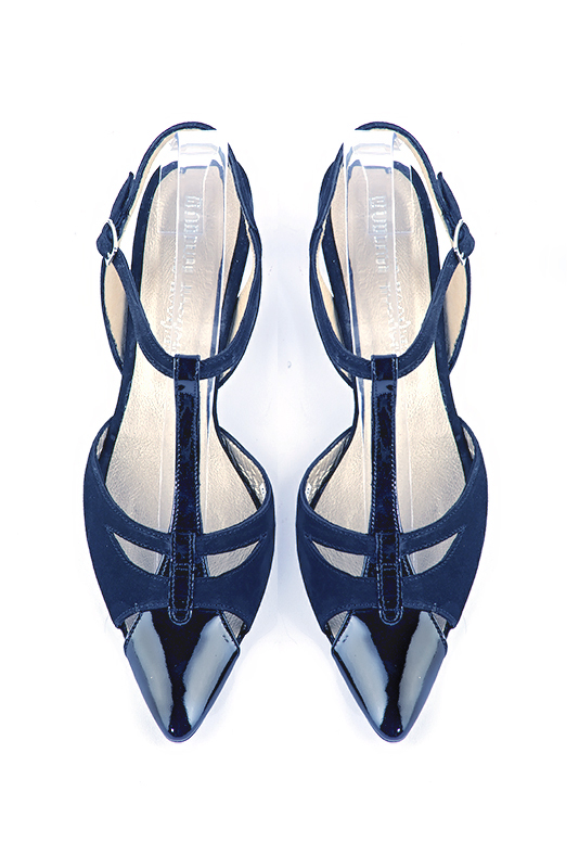 Navy blue women's open back T-strap shoes. Tapered toe. Medium comma heels. Top view - Florence KOOIJMAN